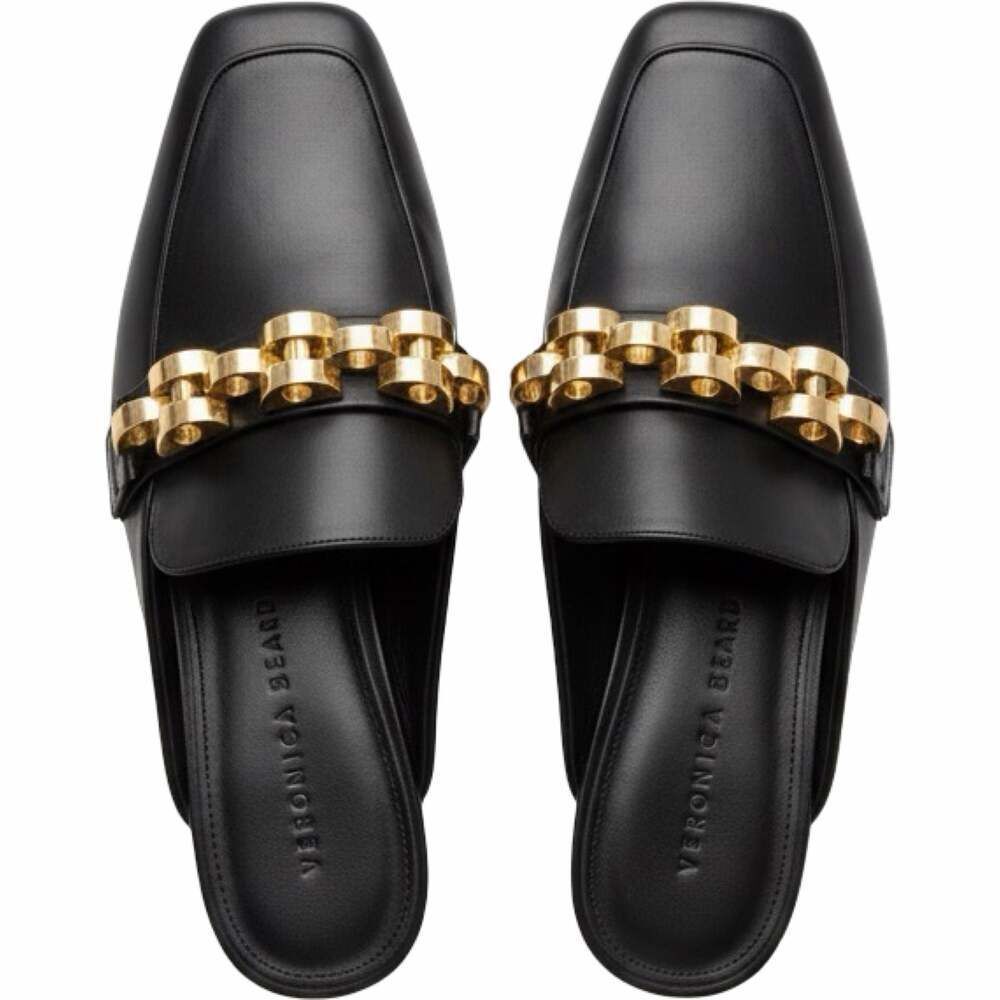 Veronica Beard Bera Black Leather Chain-Link Mule Loafers 5.5